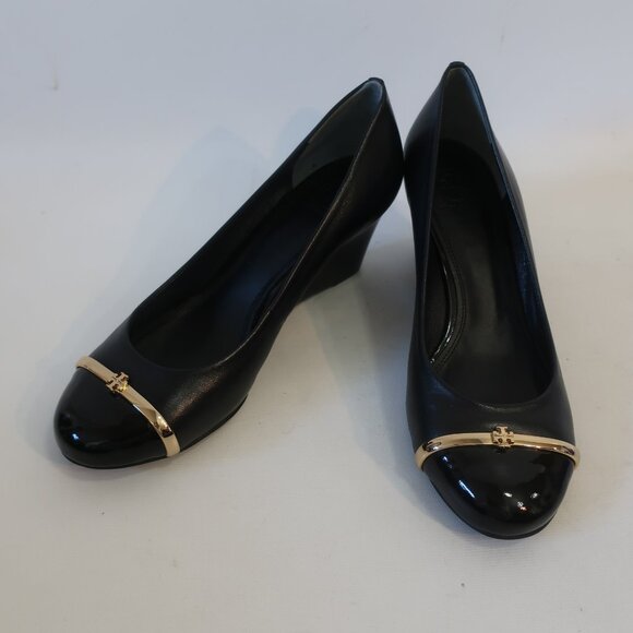Authentic Womens Tory Burch Pacey Black Leather Wedge Heel Pumps Shoes 9 - Picture 1 of 13